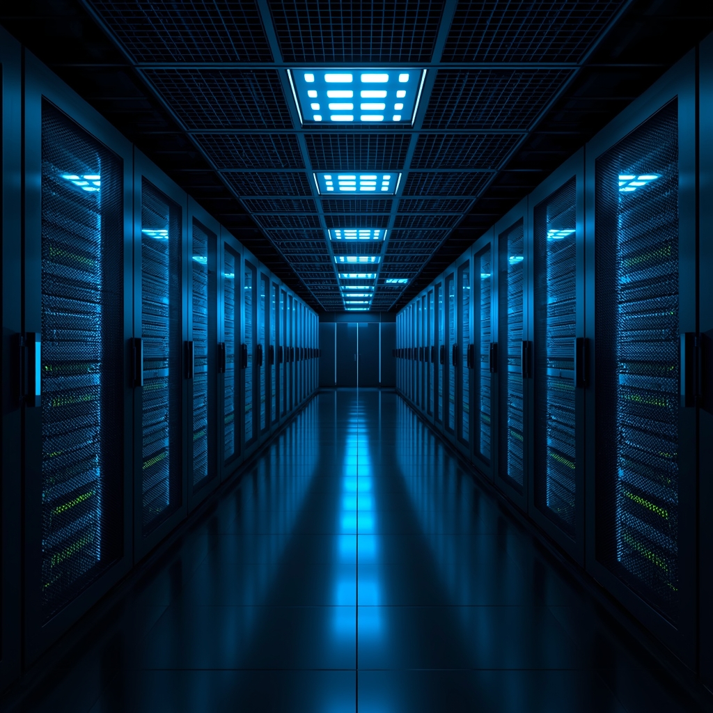 A team of professional men in a high-tech conference room collaborating on a large interactive digital table with data visualizations